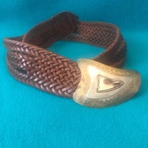 Chico’s Woven Leather Belt w Brass/Silver Buckle